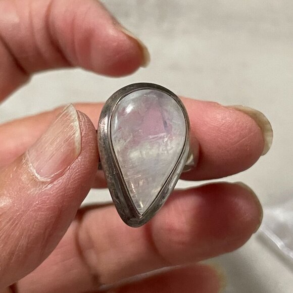 Genuine Pear Shape Moonstone Bezel Set Wide 925 Sterling Silver Band Ring 6.75 - Picture 8 of 10